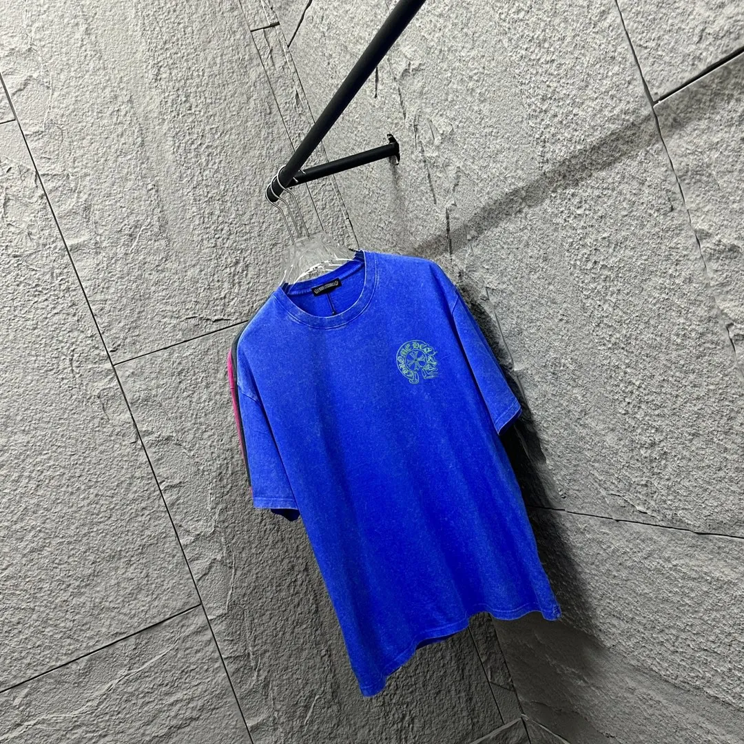🅿️180 CH* Crow Heart* 2025 spring and summer new style Snowflake distressed washed retro round neck short sleeves Chest and front logo Horseshoe print Customized fabric Short-sleeved T-shirt Unisex Size: S M L XL XXL Color: Snowflake Black Snowflake Gray Snowflake Pink Snowflake Blue